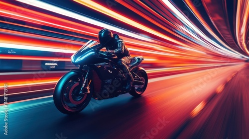 Futuristic Motorcyclist Speeds Through Neon City Lights Tunnel photo