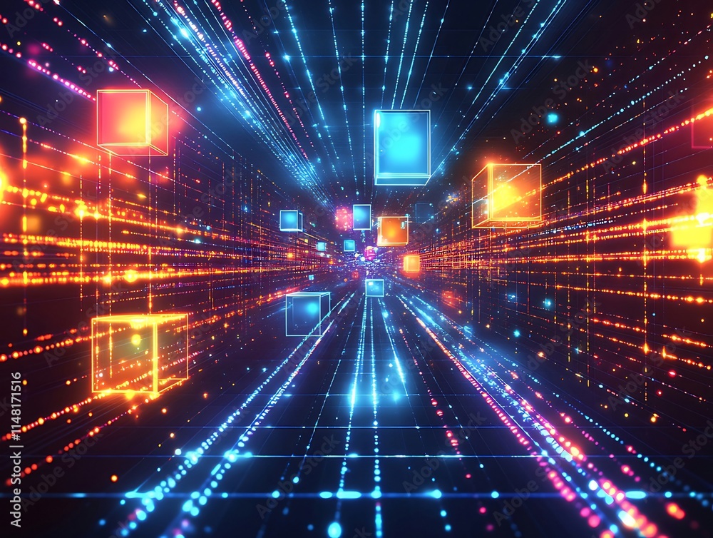 Abstract digital data stream with glowing cubes and lines in a dark space. Abstract digital data stream with glowing cubes and lines in a dark space.