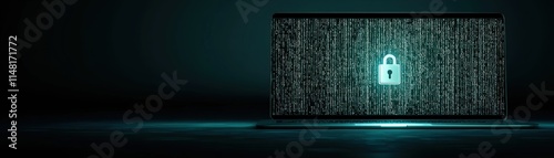 Digital lock on a laptop screen with data streams, symbolizing cybersecurity and data protection, Minimalistic holographic laptop scene