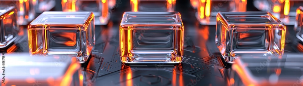Close-up of glowing transparent cubes arranged on a dark surface, creating a striking visual effect, Surreal futuristic conveyor belt art Close-up of glowing transparent cubes arranged on a dark surface, creating a striking visual effect, Surreal futuristic conveyor belt art