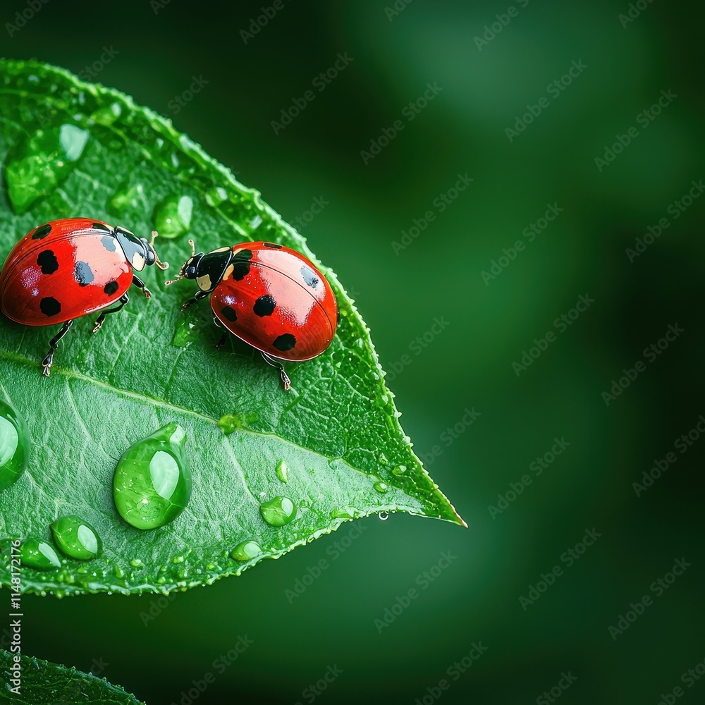 Agricultural pest damage and prevention. Two vibrant ladybugs on a dew-covered green leaf. Agricultural pest damage and prevention. Two vibrant ladybugs on a dew-covered green leaf.