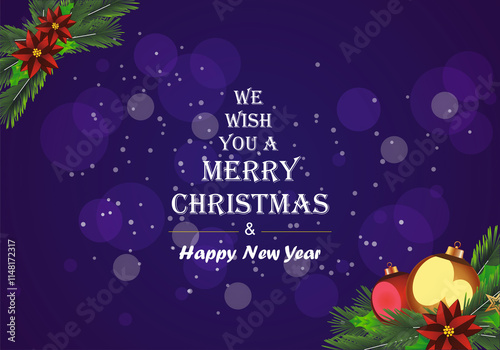 Christmas and New Year typographical on blue background with winter landscape with  snowflakes, light, stars. Xmas card. Illustration