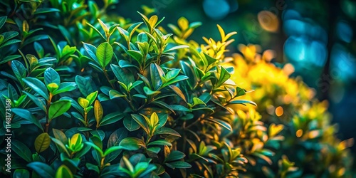 Low Light Liguster Photography: Nighttime Bush, Dark Green Leaves, Illuminated Branches, Dramatic Lighting, Close-Up, Nature Photography,  Botanical Images,  Night Scenery photo