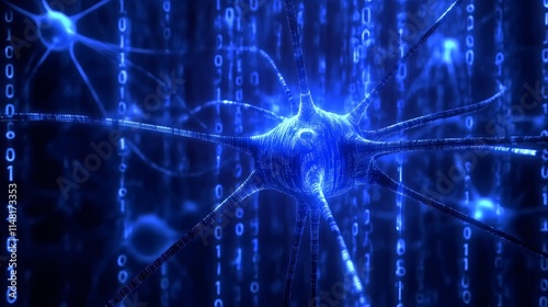 Glowing Blue Neuron Surrounded by Digital Binary Code Representing Advanced Technology and Artificial Intelligence Concepts for Creative Multimedia Projects photo