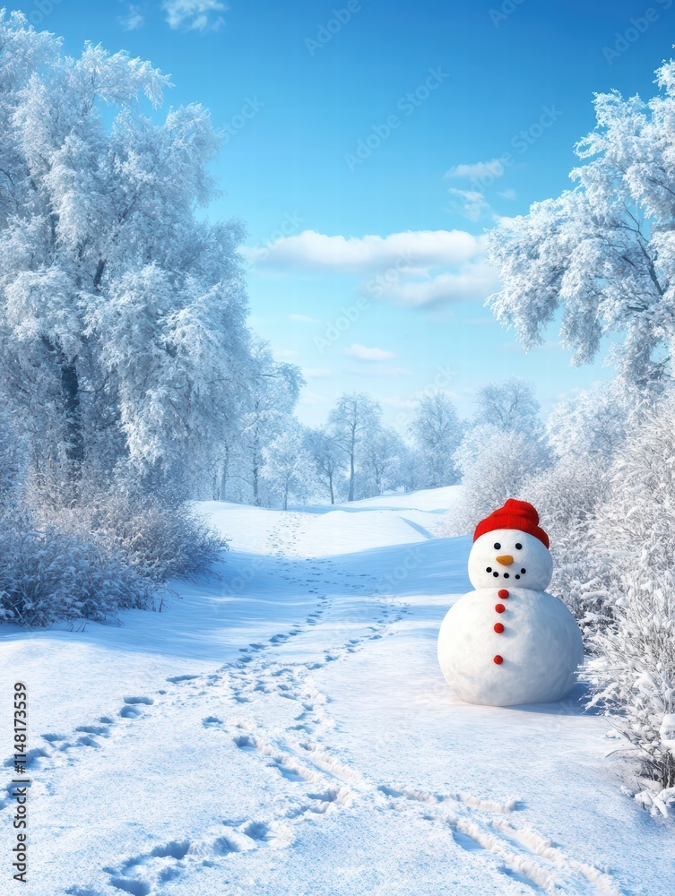 Fototapeta premium Snowy Landscape with Snowman and Clear Blue Sky in Winter Scene