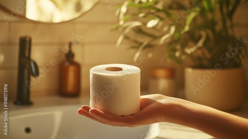 A hand presenting a neatly rolled toilet paper on a bathroom counter with plant and brown dispenser in background