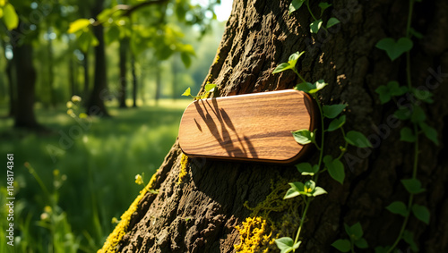 Wooden Rectangular Plaque on Tree with Vines in a Forest Setting

 photo