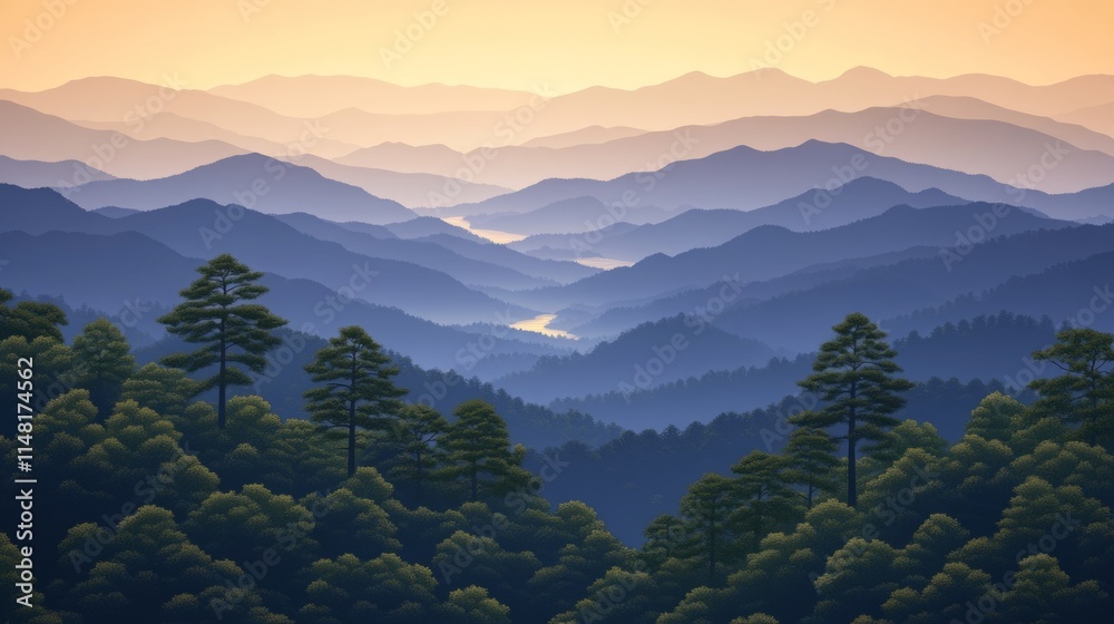 Fototapeta premium Serene Sunset Over Blue Ridge Mountains Panorama