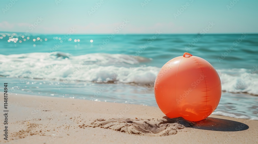 An inflatable ball lying flat on the sandy shoreline close to the sea An inflatable ball lying flat on the sandy shoreline close to the sea
