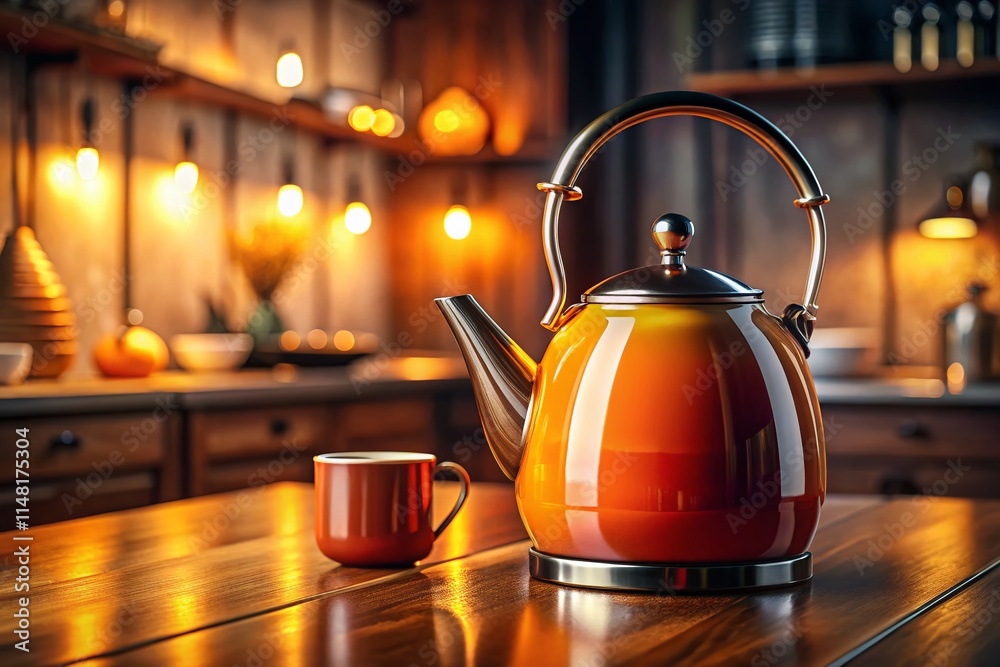 Low Light Photography: Orange Yellow Cordless Kettle Teapot - Warm Cozy Kitchen Scene Low Light Photography: Orange Yellow Cordless Kettle Teapot - Warm Cozy Kitchen Scene