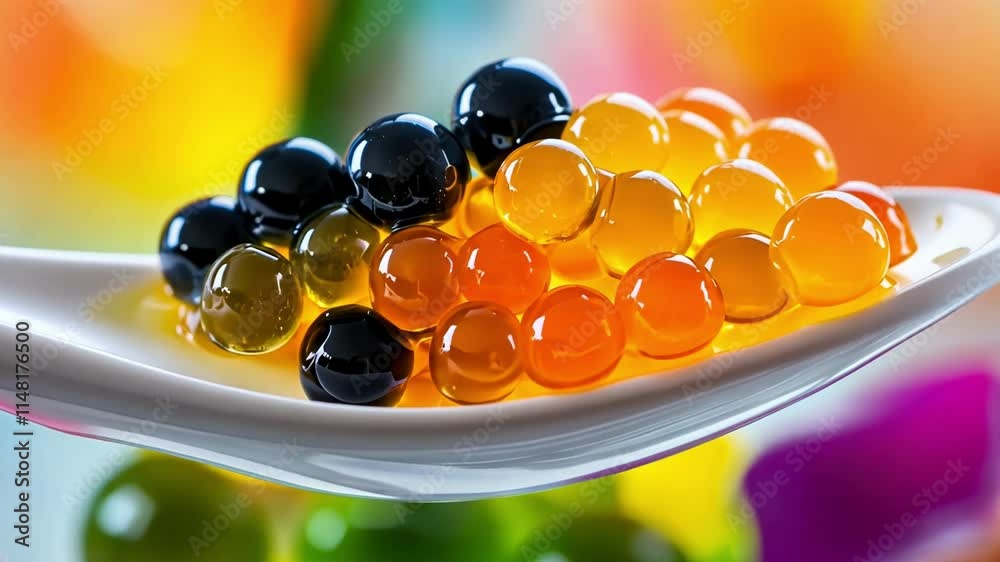 Vibrant boba pearls in black and orange hues displayed on a white spoon with a colorful blurred background for a playful and modern aesthetic. 4K video