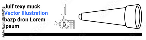 Bitcoin symbol with circuit integration, magnifying glass. Ideal for cryptocurrency education, fintech innovation, investment strategies, blockchain research, financial planning, technology blogs