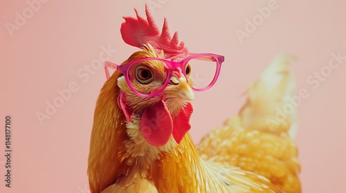 An lonely yellow chicken hen with a smile wearing pink spectacles against a solid pastel backdrop photo