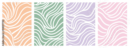 Four variations of a seamless pattern featuring wavy stripes in pastel colors, creating a retro and vintage feel suitable for backgrounds and decorative purposes