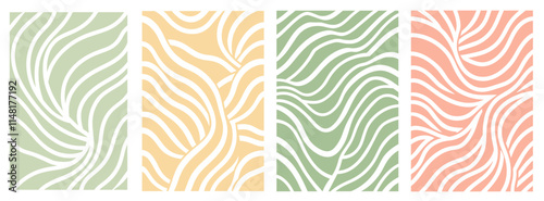 Featuring four variations of seamless pattern backgrounds, showcasing wavy stripes in retro pastel colors, creating a vintage and abstract aesthetic with a trendy design