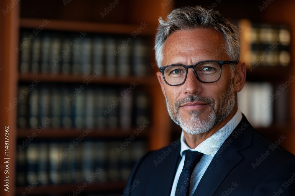 This image features a distinguished man in a suit, wearing glasses, posing confidently against a backdrop of organized legal books, exuding professionalism and authority. This image features a distinguished man in a suit, wearing glasses, posing confidently against a backdrop of organized legal books, exuding professionalism and authority.