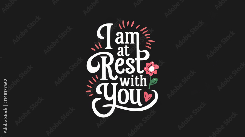 White calligraphy on a black background saying I am at rest with you with a flower and heart.. White calligraphy on a black background saying I am at rest with you with a flower and heart..