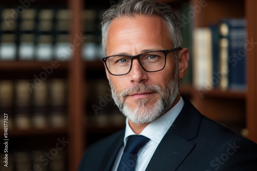 A polished businessman in glasses and a tailored suit stands poised in front of a bookshelf, illustrating success and wisdom in a legal context, ideal for corporate themes.