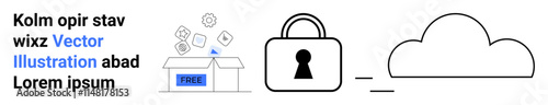 Open box with free label, data icons, padlock connected to cloud. Ideal for cloud security, privacy, data protection, encryption, internet safety secure transfer digital privacy. Landing page
