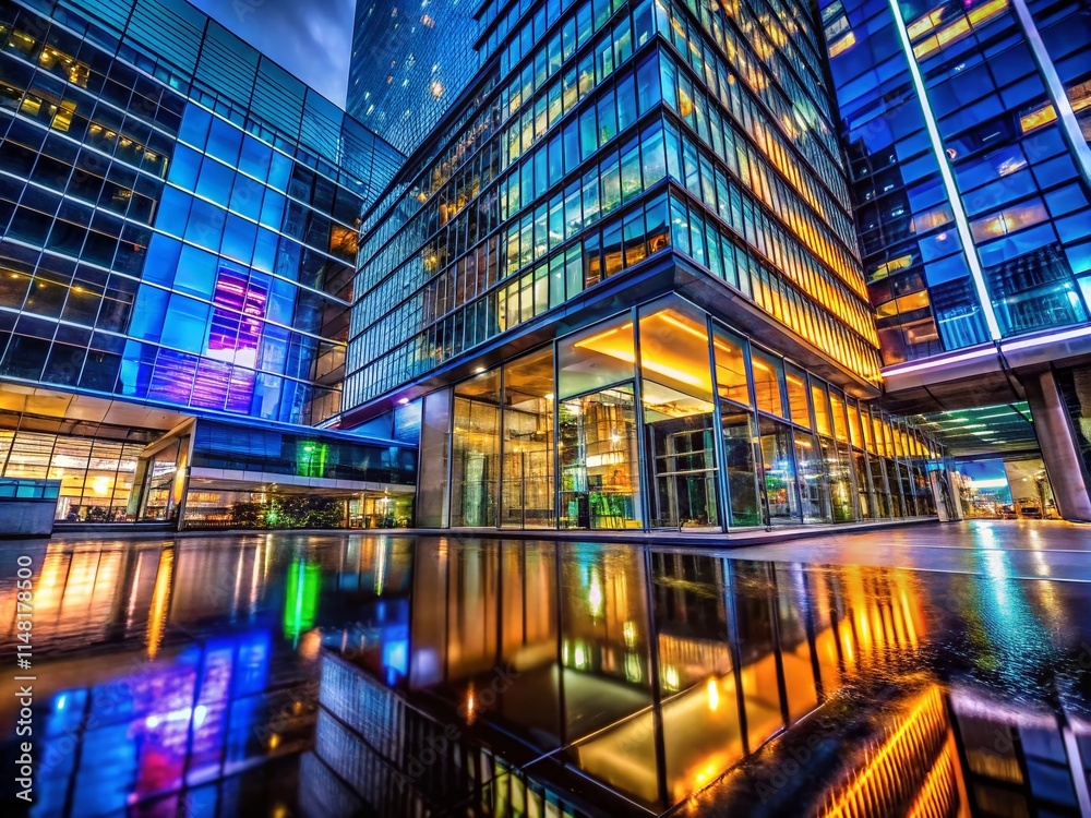Fototapeta premium Low Light Urban Modern Architecture Photography, Night Cityscape Building, Neon Lights, Dark City, Modern Building Facades, City at Night