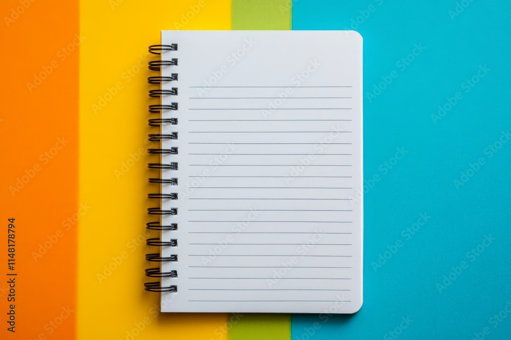 A spiral bound notebook with a blue background. The notebook is open to a blank page