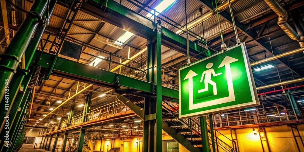 Obraz premium Low Light Warehouse Fire Escape Sign - Emergency Training & Evacuation Prep