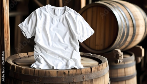 T-shirt mockup display on vintage barrel rustic warehouse setting product photography stylish presentation for designers photo