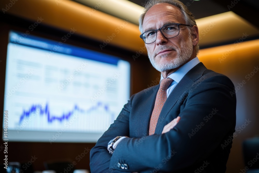 Obraz premium A focused executive stands in a polished boardroom, showcasing a determined expression as he engages in strategic discussions about growth and future opportunities.