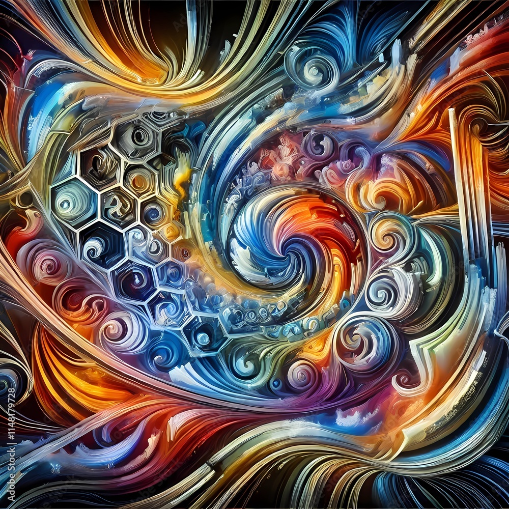 An intricate and captivating abstract and conceptual artwork, showcasing a harmonious interplay of vivid colors, swirling patterns, and geometric design An intricate and captivating abstract and conceptual artwork, showcasing a harmonious interplay of vivid colors, swirling patterns, and geometric design