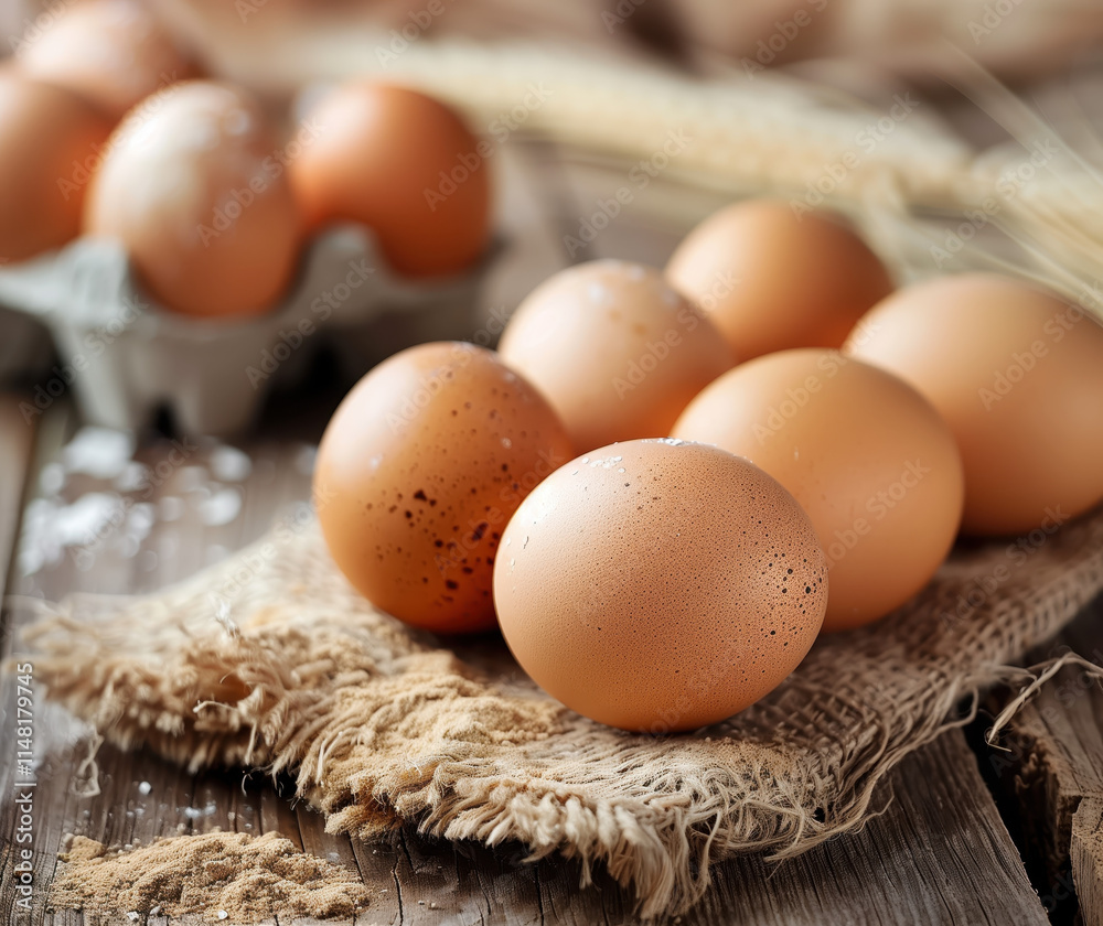 Fresh Farm Eggs on Rustic Burlap Sack with Wheat, Perfect for Organic Food Blogs and Culinary Websites Fresh Farm Eggs on Rustic Burlap Sack with Wheat, Perfect for Organic Food Blogs and Culinary Websites