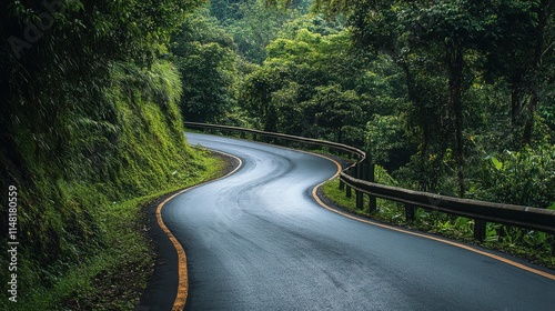 Curving Mountain Road, Lush Green Forest, Winding Asphalt Highway