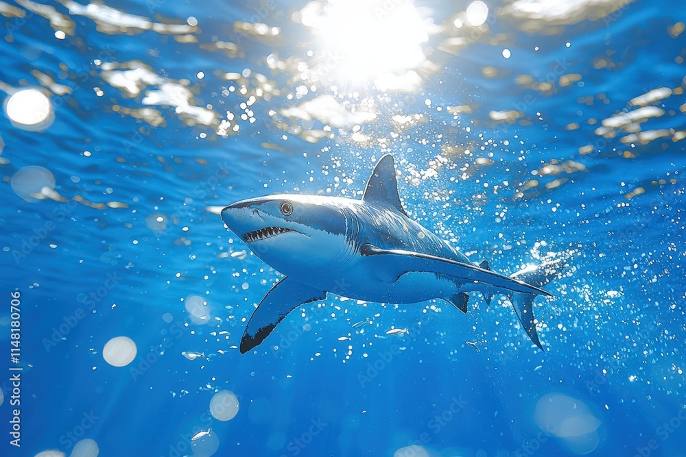 Fototapeta premium Majestic shark swimming gracefully in vibrant blue ocean water, sunlight filtering through the surface, creating a breathtaking underwater scene.