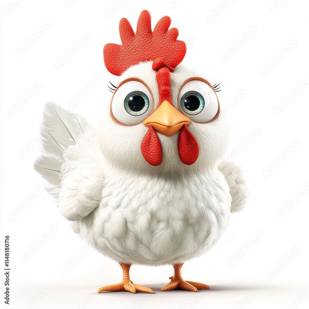 Fototapeta premium Adorable Cartoon Chicken Character on White Background with Playful Pose and Sparkling Eyes in Pastel Shades - Cute Animal Illustration