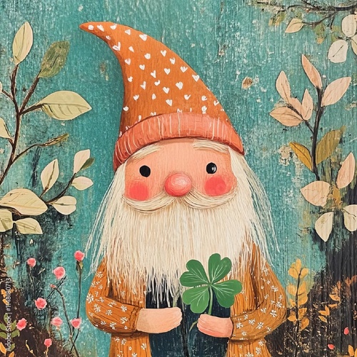 Cute gnome, leprechaun with clover, St. Patrick's Day card. Copy space. Shamrock. Ireland