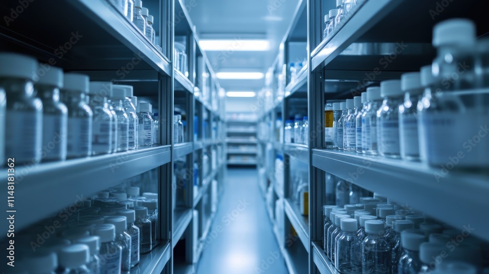 Laboratory Storage Rows of Glass Bottles and Samples in a Research Facility Laboratory Storage Rows of Glass Bottles and Samples in a Research Facility