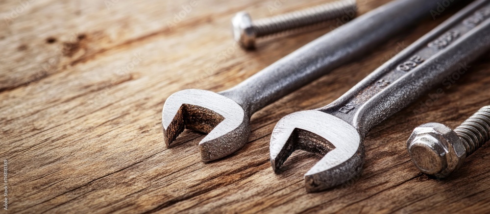 Two wrenches and bolts on rustic wood. Two wrenches and bolts on rustic wood.