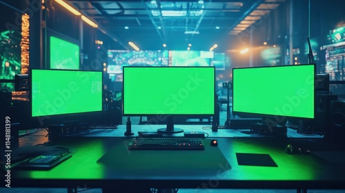 Three green screen monitors on a desk in a dark, tech-filled room.
