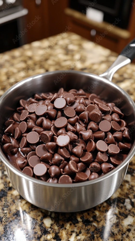 Fototapeta premium Melting chocolate chips in a saucepan on a countertop.