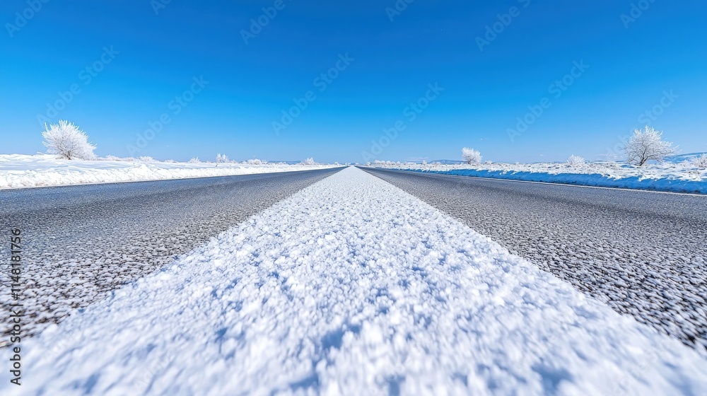 Snow-covered highway vanishing point under a clear blue sky. Snow-covered highway vanishing point under a clear blue sky.