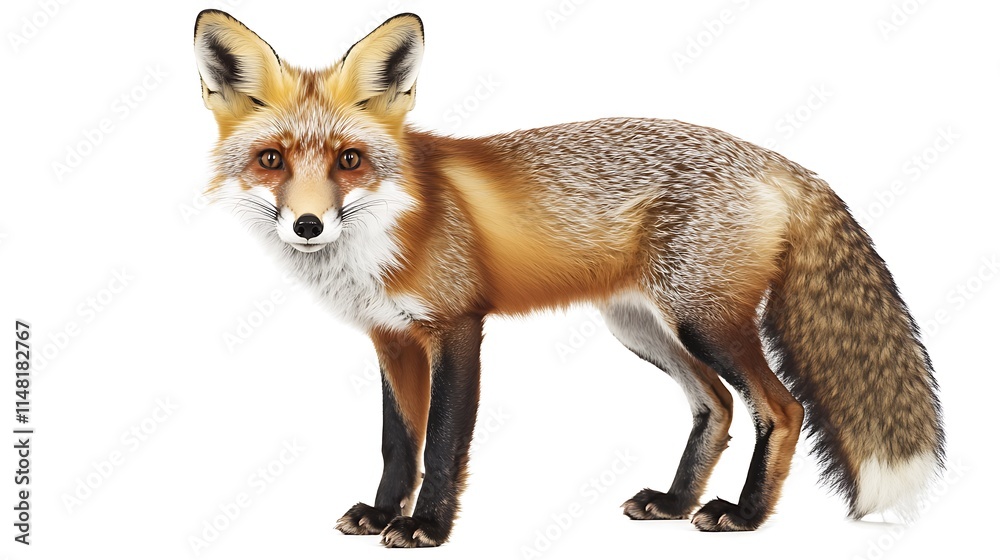 Fototapeta premium a red fox with white patches and black feet is set against a white background.