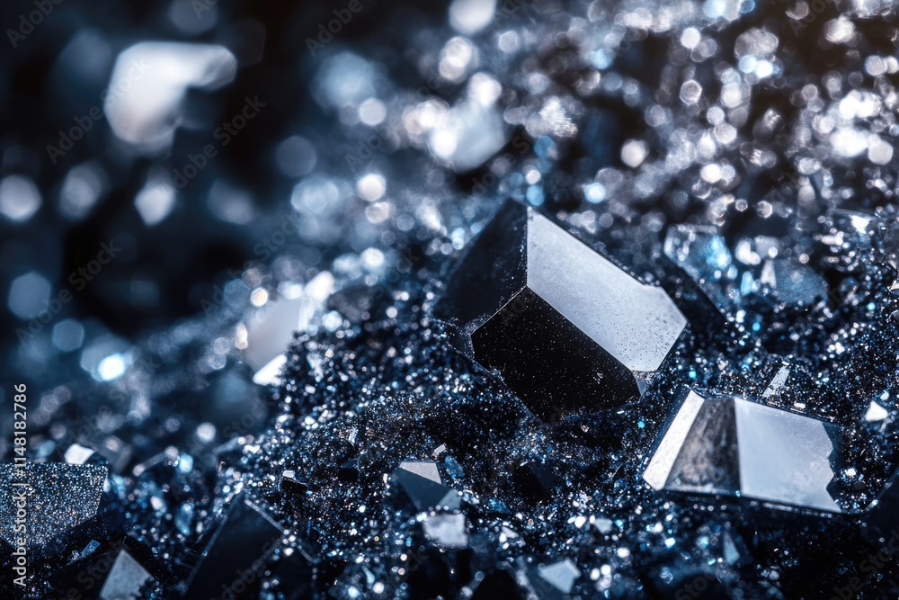 Close-up of dark, glittering crystals, reflecting light, showcasing intricate facets and textures. Close-up of dark, glittering crystals, reflecting light, showcasing intricate facets and textures.