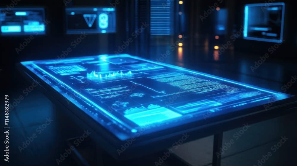 Futuristic holographic table displaying data analytics in a dark tech room. Futuristic holographic table displaying data analytics in a dark tech room.