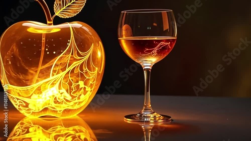 Close-up of a glowing apple-shaped glass filled with liquid and illuminated with golden light, representing luxury and artistic creativity photo