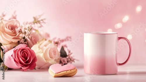 Pink roses, heart-shaped cookie, and ombre mug on a white surface with a pink background and bokeh lights.