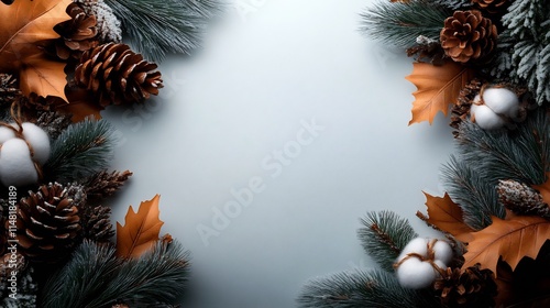 Autumn and Winter Festive Flat Lay with Pine Cones, Cotton Bolls, and Leaves on a Soft Blue Background