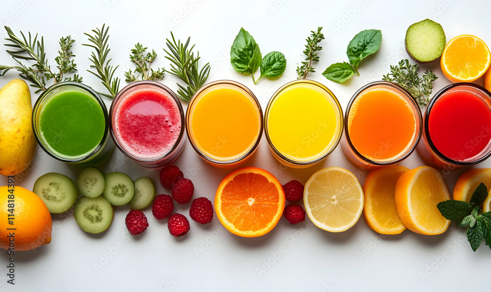 A vibrant display of colorful juices alongside fresh fruits and herbs. A vibrant display of colorful juices alongside fresh fruits and herbs.