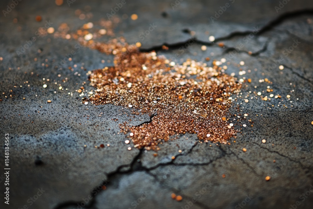 Rose gold glitter scattered on a dark, cracked surface, creating a luxurious and textured background. Rose gold glitter scattered on a dark, cracked surface, creating a luxurious and textured background.