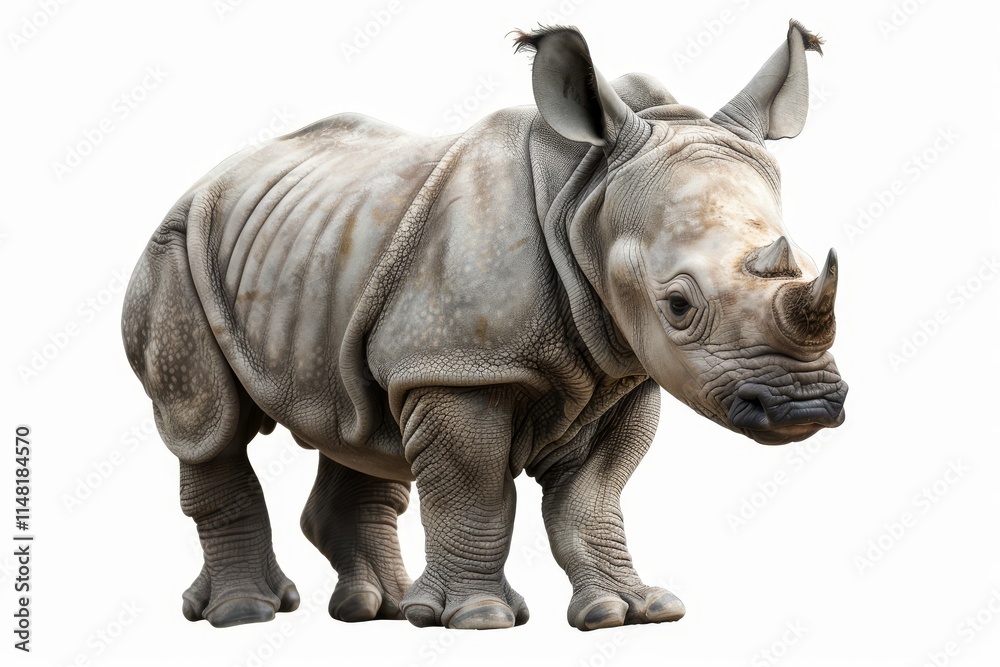 Fototapeta premium A rhino is standing on a white background. It has a horn on its head. The rhino is looking at the camera