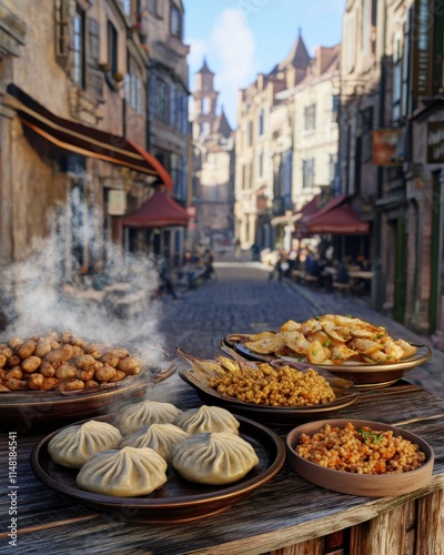 Steaming khinkali and other Georgian dishes on a wooden table in a cobblestone street.