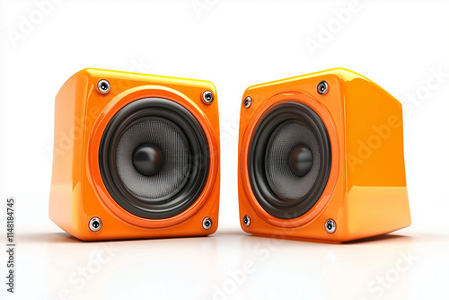 Modern orange stereo speakers isolated on a white background.
